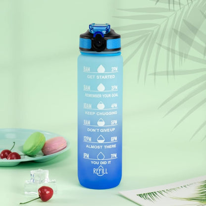 Illys Plastic Water Bottle, 1L / 32oz with Motivational Time Marker (Multi colour)