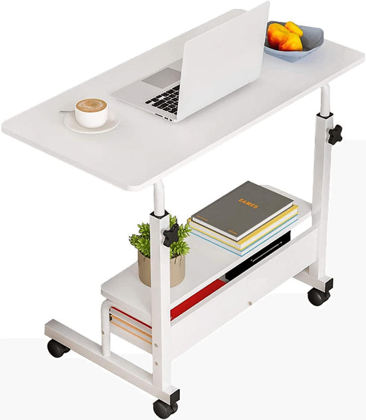 Dekhaoxe Adjustable Height Mobile Computer Desk for Small Space Rolling Writing with Wheels Corner Home Office Study Portable Bedrooms Work Size 31.5x15.7 Inch Storage Gaming Table, White