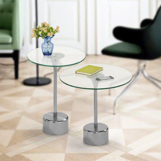 Danube Home Kadita 2Pcs Table Set | Multifunctional Living Room Table | Space Saving Round Side Table | Modern Design End Table Furniture For Home, Bedroom (L45Xw45Xh43Cm) - Chrome Plated/Glass