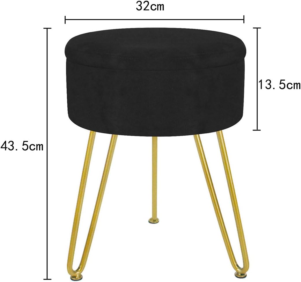 Round Velvet Storage Foot Stool,Multifunctional Vanity Stools,Upholstered Round Storage Ottomans Multipurpose,Ottoman Footrest Stool with Metal Legs For Living Room,Bedroom(Black)