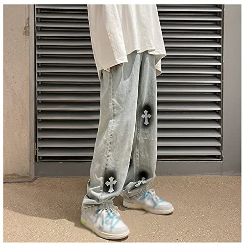 Men Jeans Baggy Straight Relaxed Cargo Work Pants With Pockets, Men's Loose Hip-hop Printed Baggy Denim Jeans