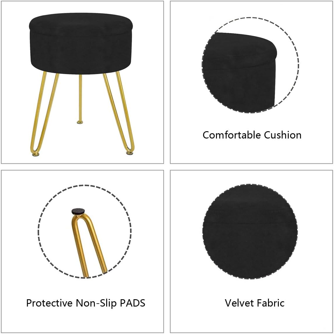 Round Velvet Storage Foot Stool,Multifunctional Vanity Stools,Upholstered Round Storage Ottomans Multipurpose,Ottoman Footrest Stool with Metal Legs For Living Room,Bedroom(Black)