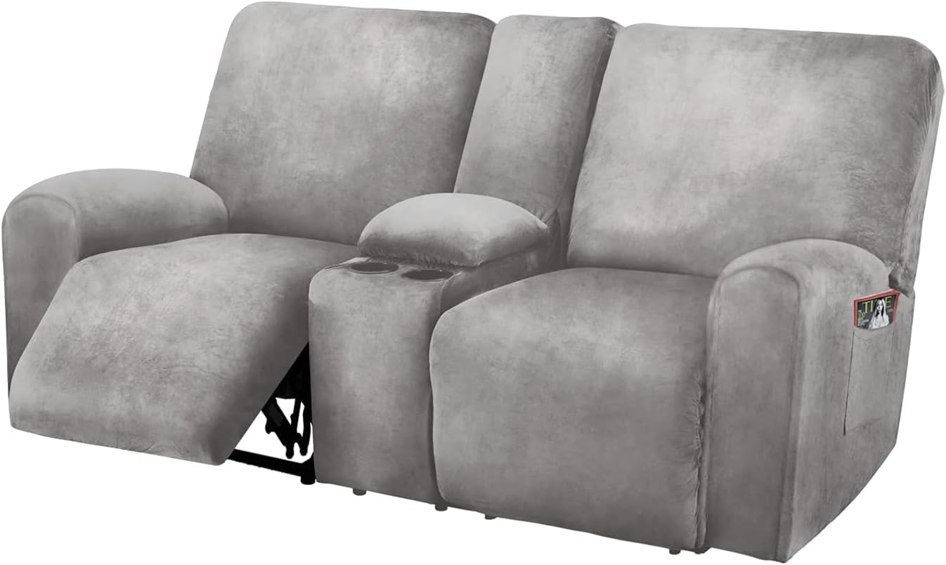 ULTICOR Reclining Loveseat with Middle Console Slipcover, 8-Piece Velvet Stretch Loveseat Reclining Sofa Covers, 2 seat Loveseat Recliner Cover, Thick, Soft, Washable, Loveseat Slipcovers (Dark Grey)