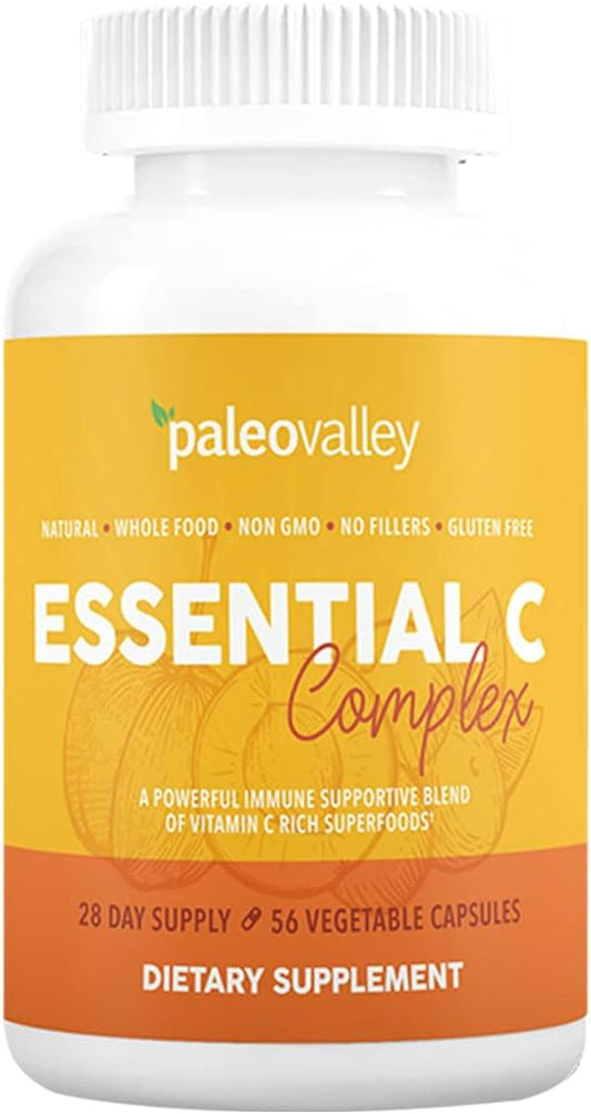 Paleovalley: Essential C Complex - Vitamin C Food Supplement with Organic Superfoods for Immune Support - 1 Pack - 450 mg per Serving - No Synthetic Ascorbic Acid - No GMO, Fillers or Gluten