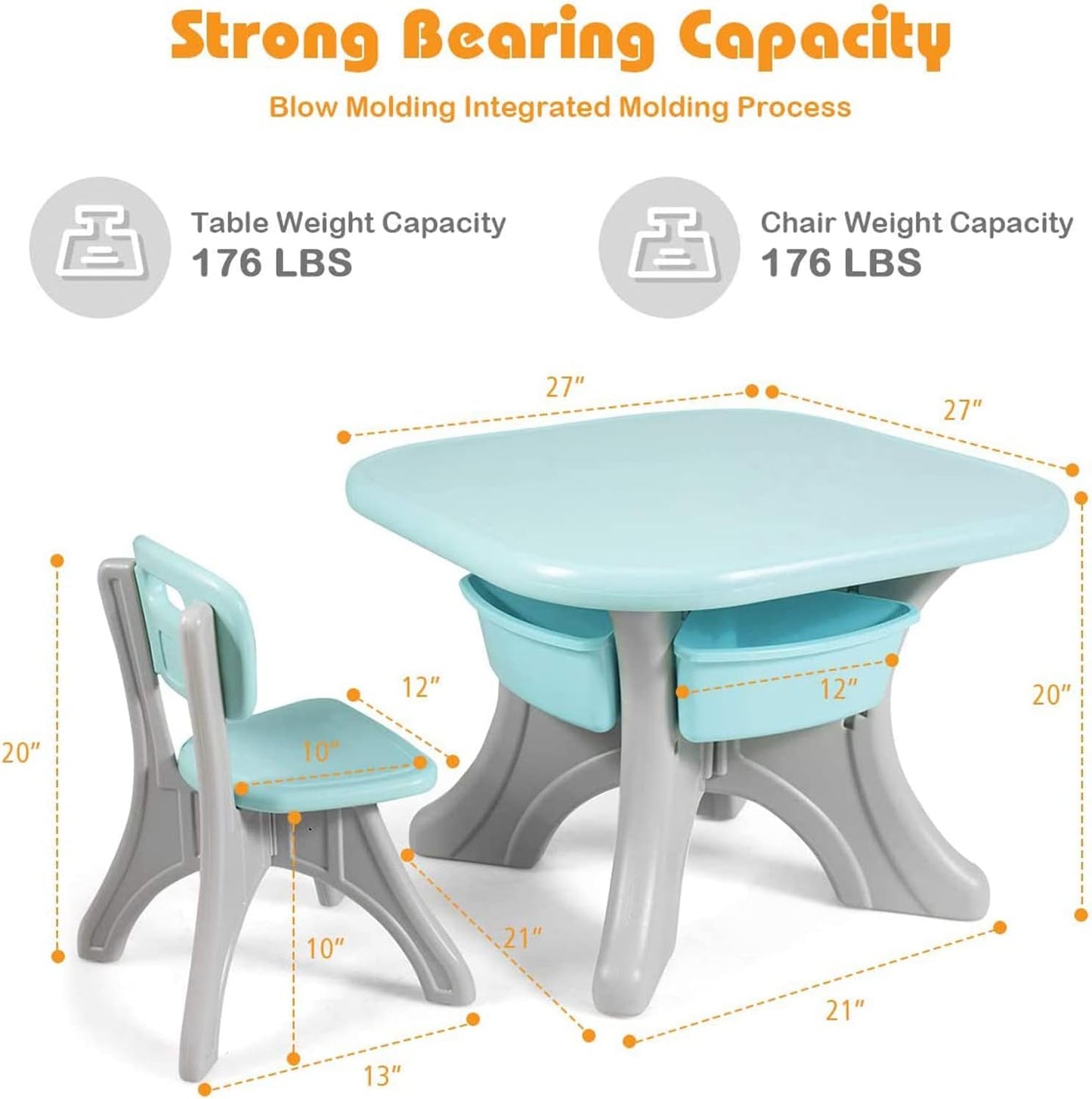 UUHOME Kids Table and Chair Set, 3 Piece Activity Table and 2 Chair Set Storage Bins, Children Art Crafts Table Desk Set, Playroom Plastic Furniture, Toddler Table & Chair Set