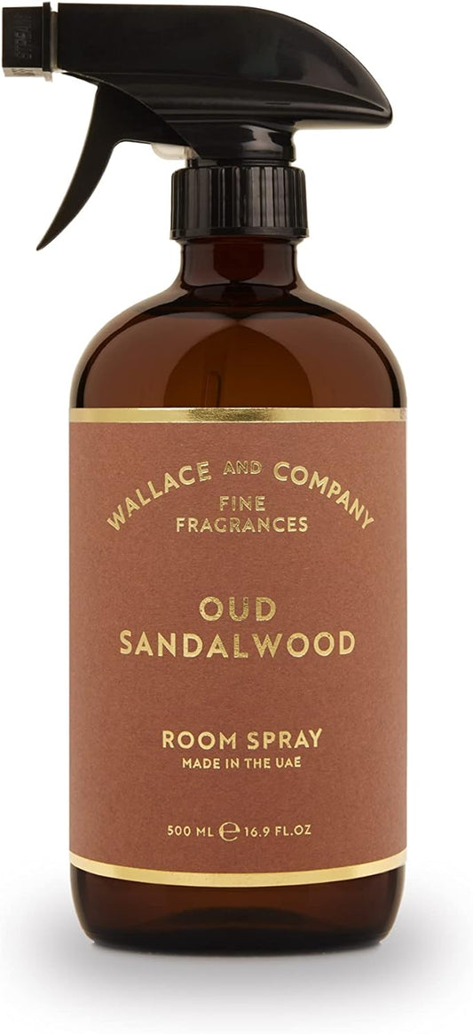 WALLACE AND COMPANY 500ml Oud Sandalwood Room Spray | Home Spray for Linen and Sheets | Room Essentials Fabric Spray in Amber Glass | Bedding and Fabric Spray Freshener | 500ml (Oud Sandalwood)