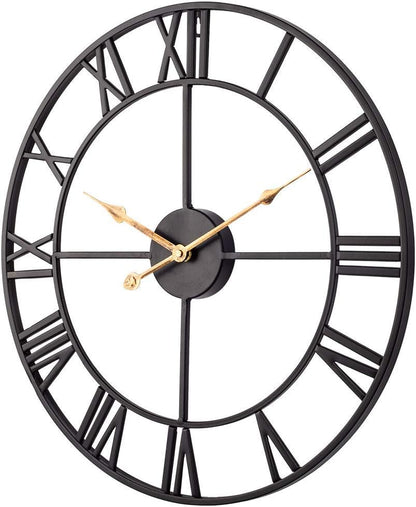 SKJIND 60cm Large Home Decor Wall Clock for Living Room Non Ticking Iron Art Clocks Roman Numeral,Retro Distressed Metal,Oversized (60cm, Black)