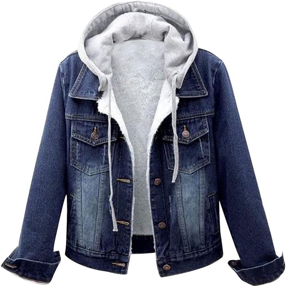 Denim Jacket Women Winter Korean Style Hooded Short Long-Sleeved Woolen Cloth Plus Velvet Thick Lamb Wool Cotton Coat