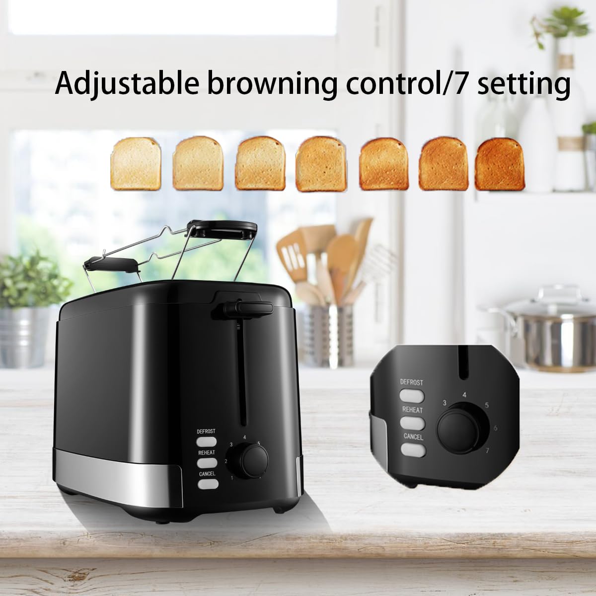 Homey Toaster 2 Slice, Bread Toaster, 7 Adjustable Browning Control,Reheat,Defrost,Cancel Function, with Removal Crumb Tray and Warming Rack, Black