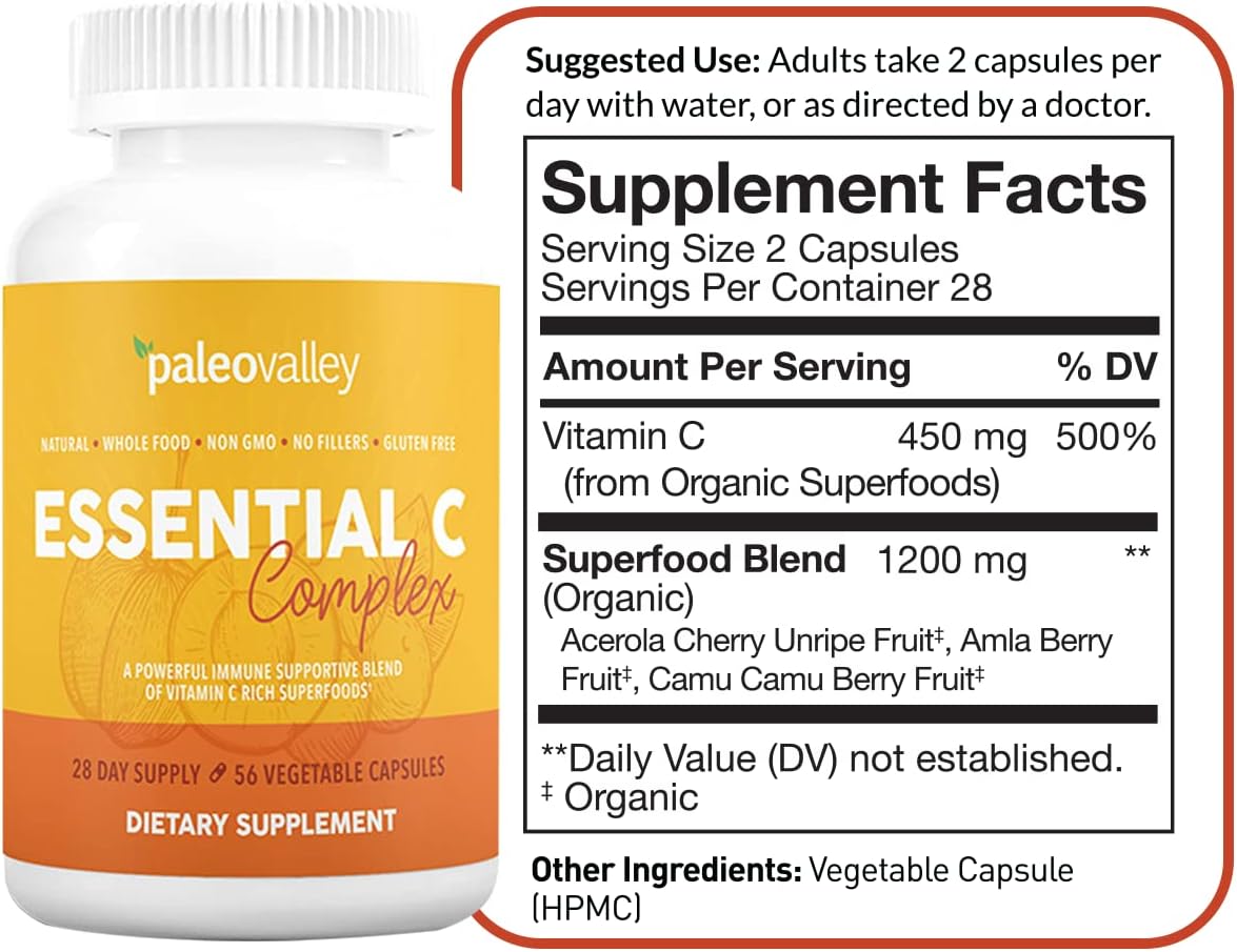 Paleovalley: Essential C Complex - Vitamin C Food Supplement with Organic Superfoods for Immune Support - 1 Pack - 450 mg per Serving - No Synthetic Ascorbic Acid - No GMO, Fillers or Gluten