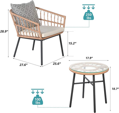 Wonder Comfort 3 Piece All-Weather Patio Bistro Set with Tempered Coffee Table and Wicker Chairs for Garden, Balcony, Backyard, Yard, and Poolside, Nature with Grey Cushions