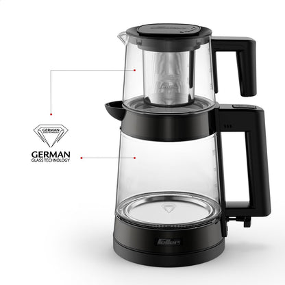 Feller Germany 2200W 2-in-1 Glass Tea Maker + Electric Kettle, UK STRIX Controller, German Glass Technology, TS600, 2Y Guarantee, Stainless Steel-UAE Version (Perforated Steel)