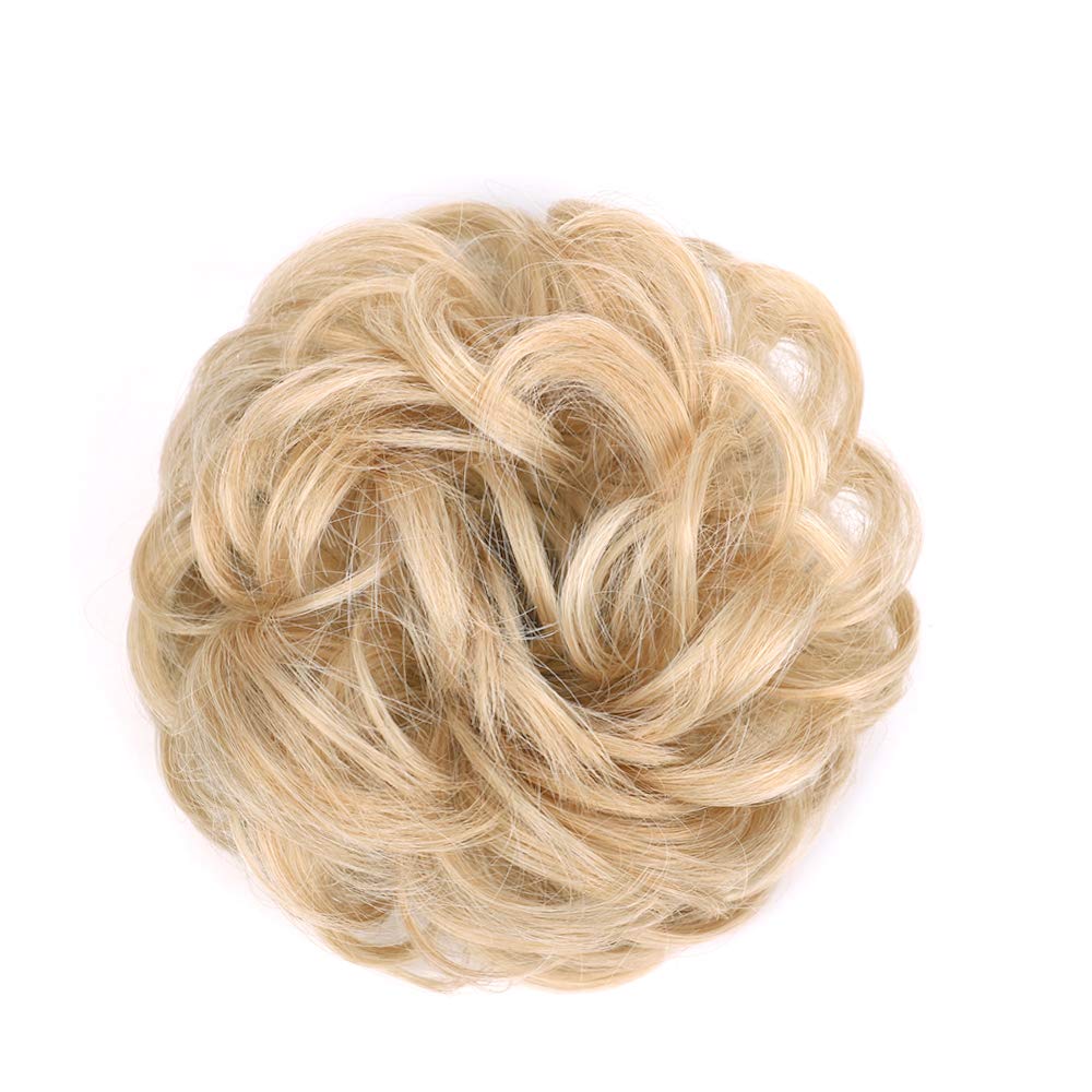 MORICA 1PCS Messy Hair Bun Hair Scrunchies Extension Curly Wavy Messy Synthetic Chignon for Women (12AH613(Light Golden Brown & Lightest Blonde))