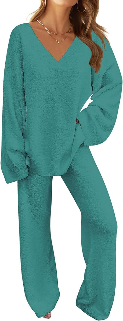 MEROKEETY Women's 2 Piece Outfits Fuzzy Fleece Pajama Set Long Sleeve Top Wide Leg Pants Loungewear