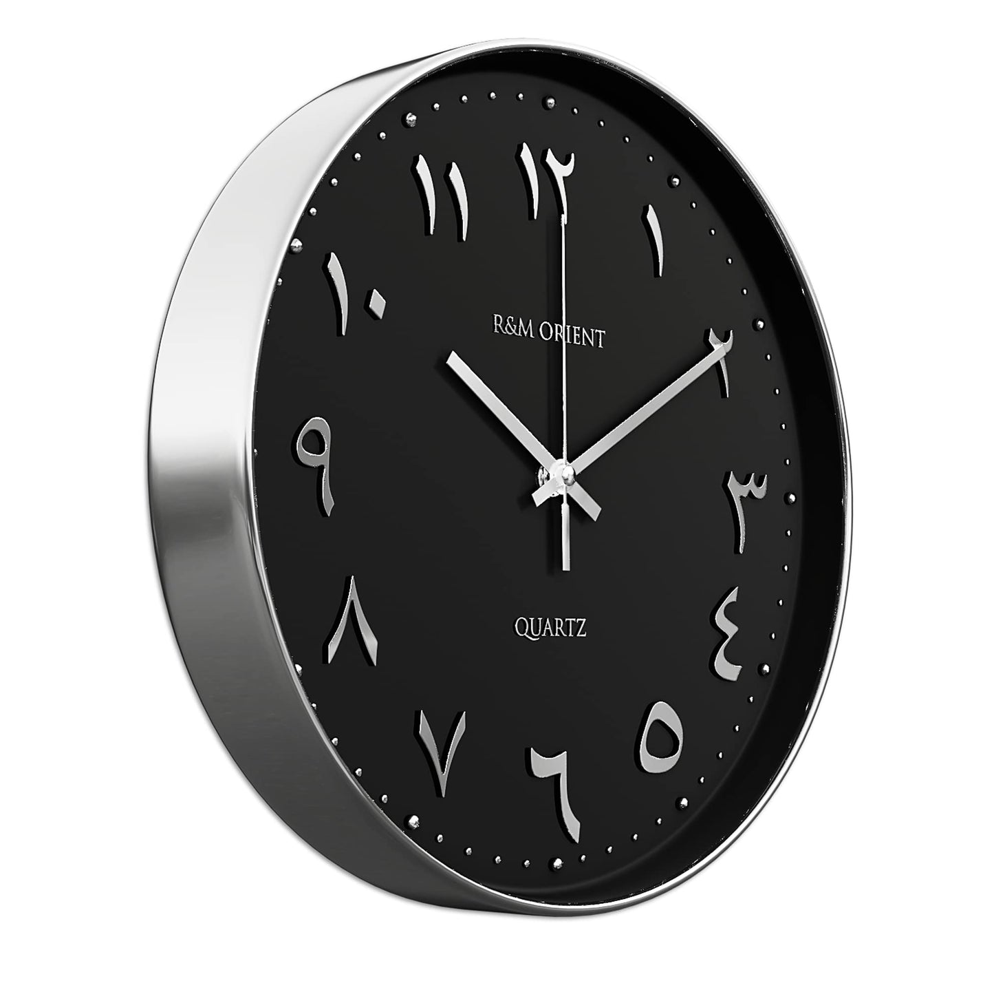 R&M ORIENT 30cm Arabic Wall Clock Round with creeping hands without ticking noise, silent quartz movement, easy to read, large wall clock for living room, office, kitchen, restaurant (Silver/Black)