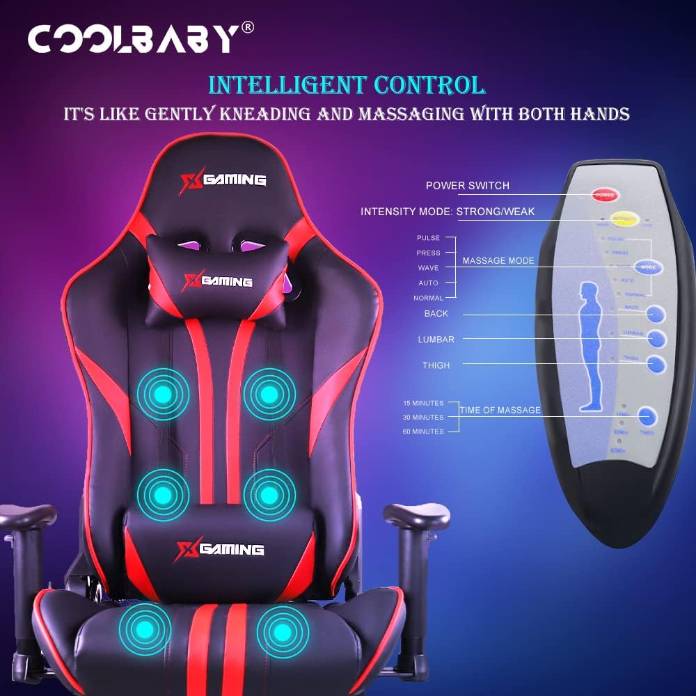 COOLBABY Gaming Chair LED Light Racing Chair,Ergonomic Office Massage Chair,Lumbar Support and Adjustable Back Bench,Bluetooth Speaker…