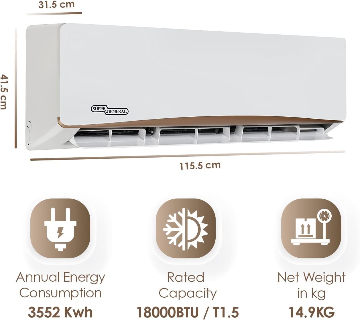 Super General 1.5 Ton Split Air Conditioner, 18000 BTU, Rotary Compressor, Auto Restart, Gold Fin, 4-way swing, SGS-195-NE, White - 115.5 x 41.5 x 31.5 cm, 1 Year Warranty