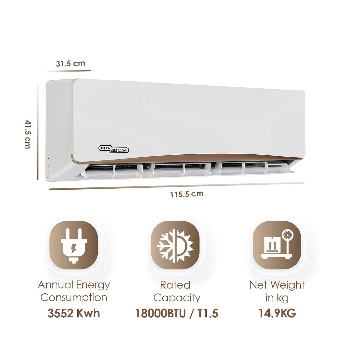 Super General 1.5 Ton Split Air Conditioner, 18000 BTU, Rotary Compressor, Auto Restart, Gold Fin, 4-way swing, SGS-195-NE, White - 115.5 x 41.5 x 31.5 cm, 1 Year Warranty