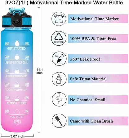 S2C™ Motivational Large Water Bottle 1L Tritan Plastic Water Bottle With Time Markers, Leak Proof Water Bottle For Kids, School Water Bottles (GREY)