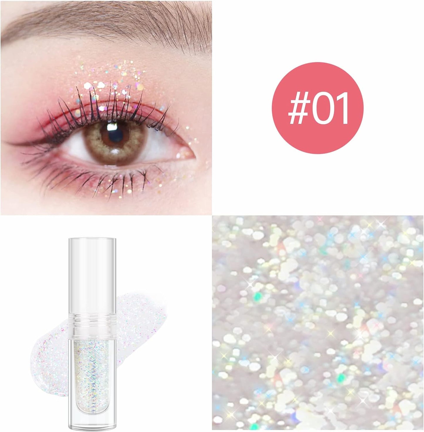 YMH BEAUTE Liquid Glitter Eyeshadow, Pigmented, Long Lasting, Quick Drying, Easy to Apply, Loose Glitter Glue for Eye Crystals Makeup (Transparent Flashing Colorful Sequins 01)