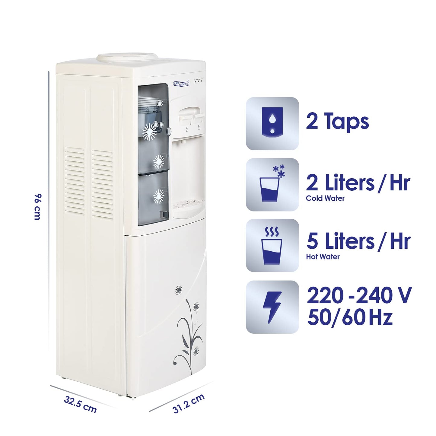 Super General Hot and Cold Water Dispenser, Water-Cooler with Cabinet and Cup-Holder, Instant-Hot-Water, 2 Taps, SGL-1171, White/Grey, 31.2 x 32.5 x 96 cm, 1 Year Warranty