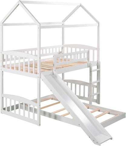 ATY Twin-Over-Twin Bunk Bed with Slide, House Bunkbeds Frame w/Roof for Toddler, Kids, Teens, No Box Spring Needed, White