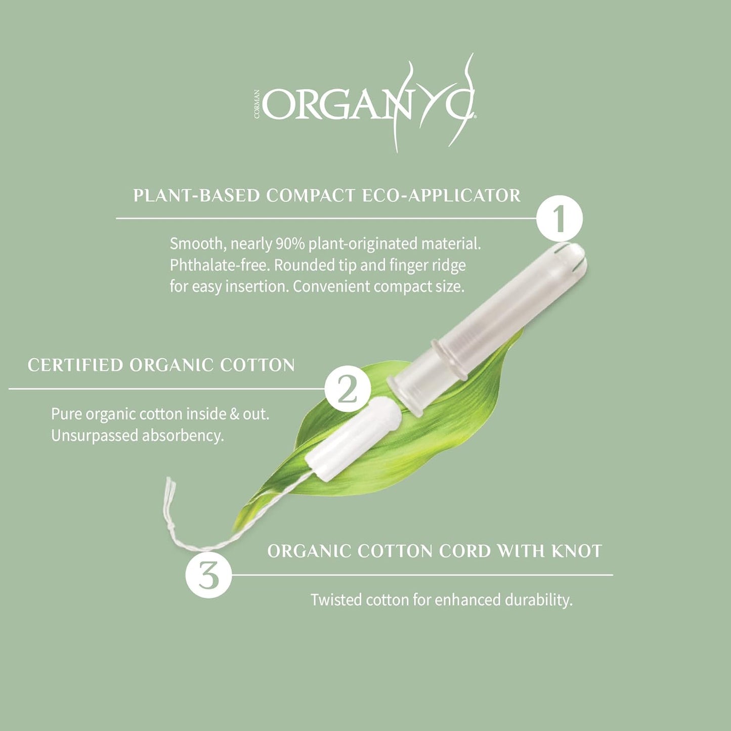 Organyc 100% Certified Organic Cotton Tampons, Plant-Based Eco-Applicator, Super Flow, White and Green, 16 Count