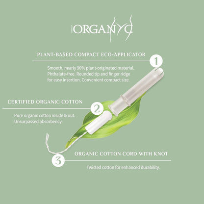 Organyc 100% Certified Organic Cotton Tampons, Plant-Based Eco-Applicator, Super Flow, White and Green, 16 Count