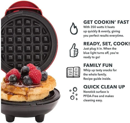 Beauenty 350W Mini 4 Inch Waffle Maker Machine for Individuals, kids party, Paninis, Hash Browns, Other On the Go Breakfast, Lunch,or Snacks, with Easy to Clean, Non-Stick Sides (Red)