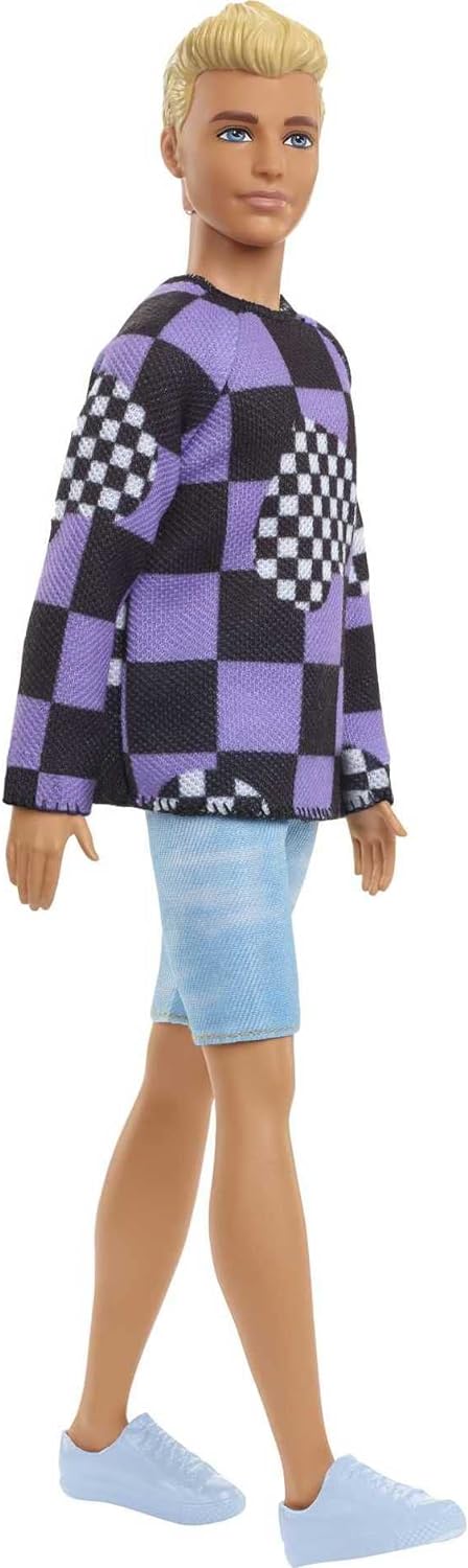 Barbie Ken Fashionistas Doll #191, Blonde Cropped Hair, Checkered Sweater, Denim Shorts, White Sneakers, Toy for Kids 3 to 8 Years Old