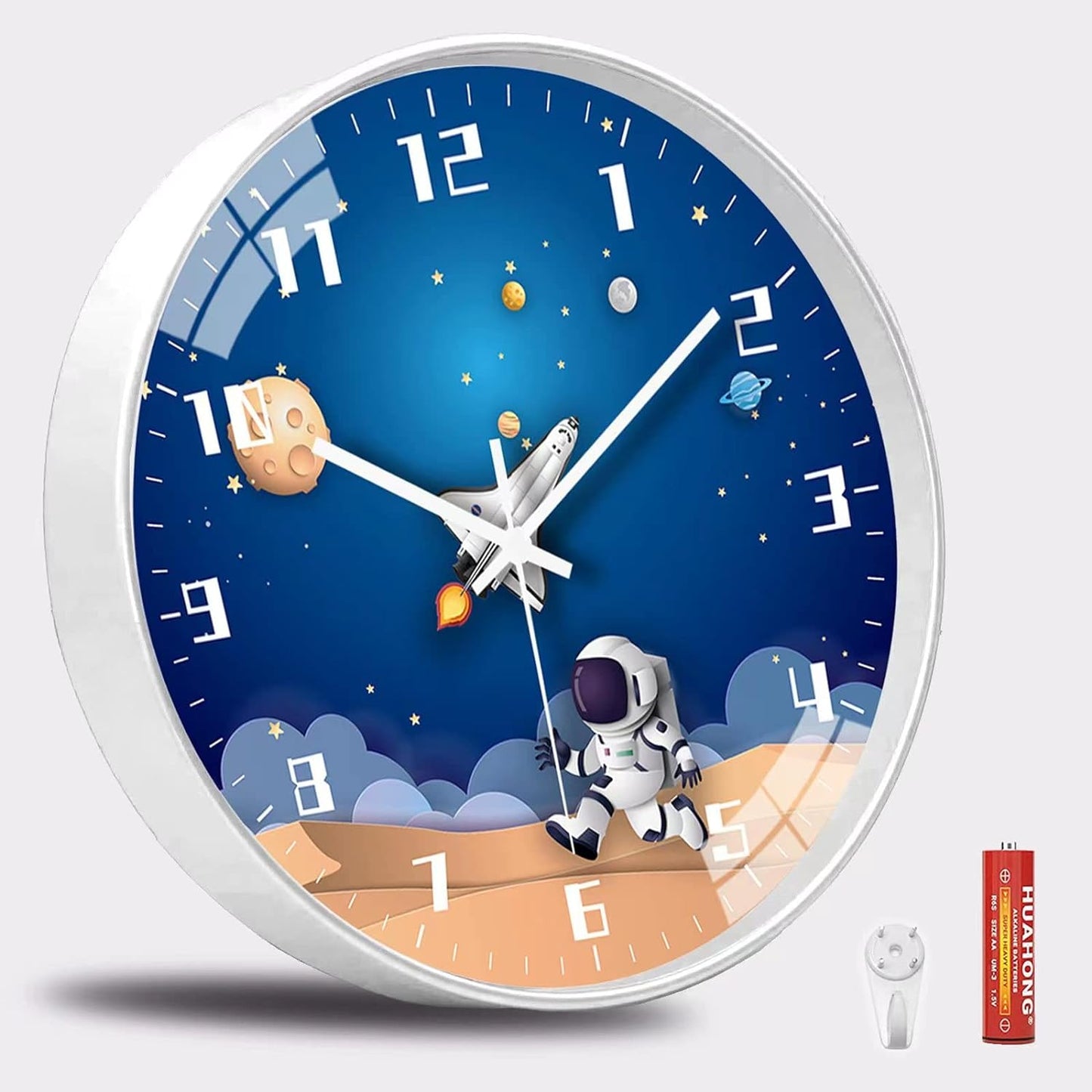 QINFIEY 12 Inch Silent Movement Kids Wall Clock, Non Ticking Children Round Wall Clock Battery Operated Space Travel Style Decor Children Clock for Home School Boys Bedroom Living Room (Blue)