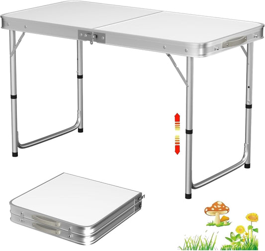 SKY-TOUCH Folding Trestle Outdoor Camping Table,Aluminum Alloy Outdoor Folding Picnic Table,Lightweight Trestle Outdoor Camping Table For BBQ Party, Folds in Half with Carry Handle,White(120×60×70cm)