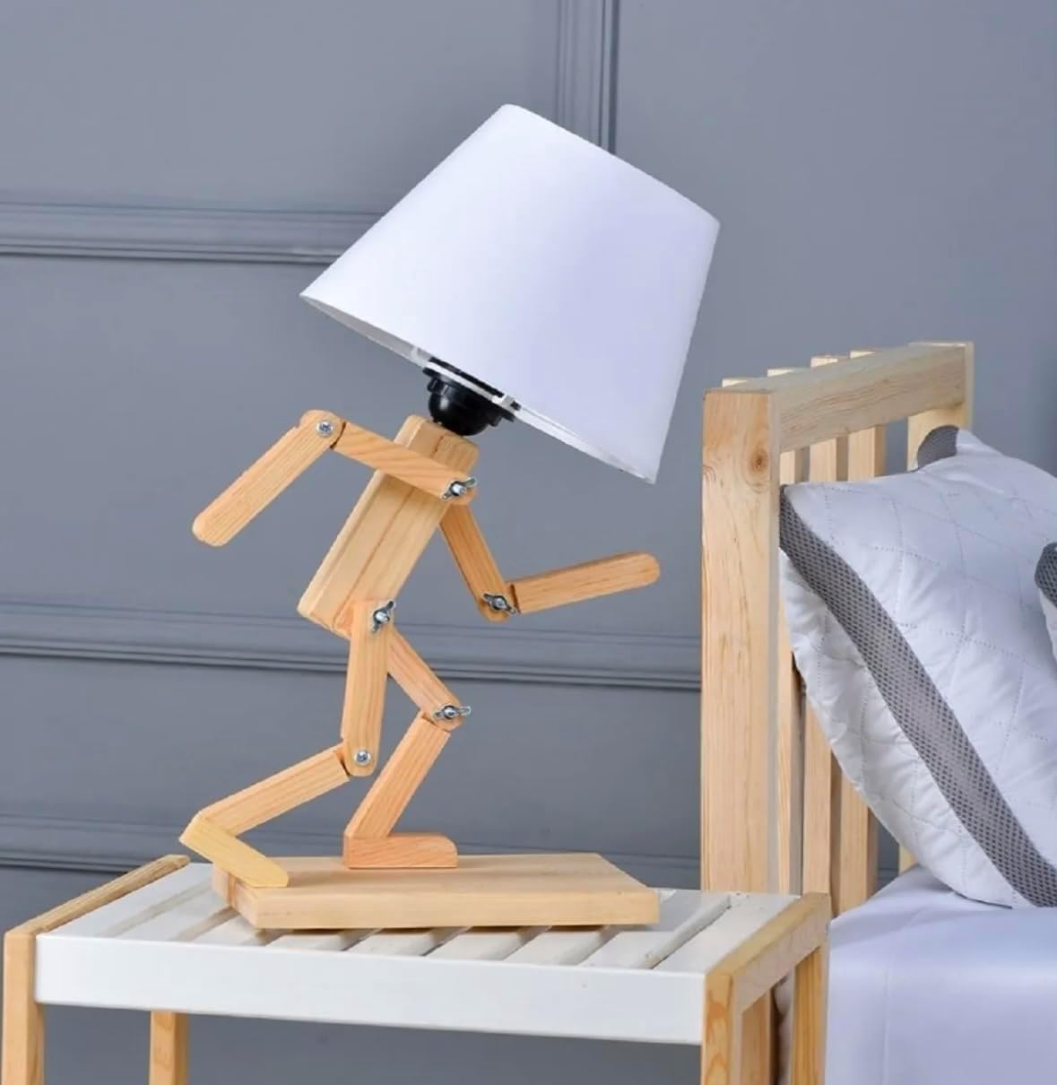 Hand-made Adjustable Robot Shape Desk Lamp, Kids Bedroom Light, Nordic Design, Wooden Materials, Bulb not Included