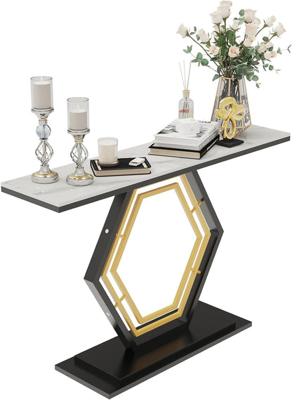 Wisfor Marble Console Table Hallway: 120x30 CM White Sintered Stone Entryway Console Table with Black and Gold Hexagon Pedestal Narrow Accent Desk for Foyer, Living Room, Sofa