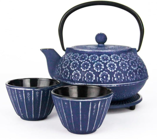 Durable Blue Cast Iron Teapot Gift Set with Teapot with Loose Leaf Tea Infuser 2 cups and Teapot Triver