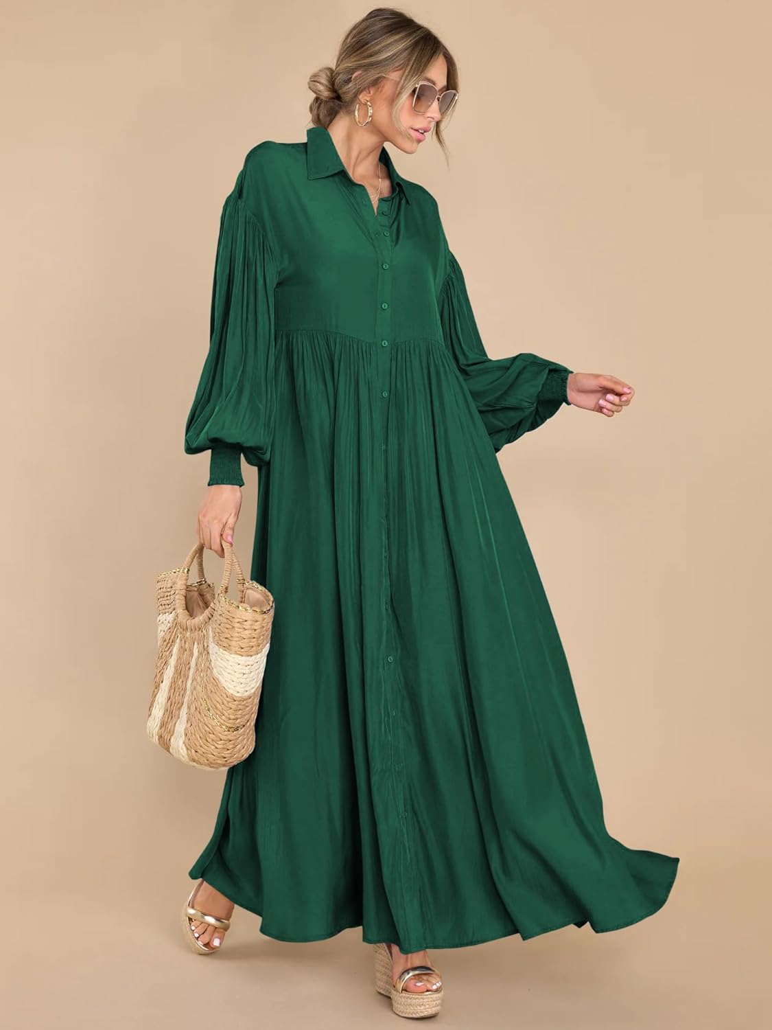 Women's Maxi Shirt Dress Button Down Long Sleeve Casual Flowy A-line Long Dress