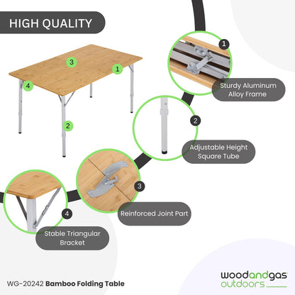 Wood Bamboo Folding Table with Adjustable Height Legs – Heavy Duty Portable for Picnic, Camping, Beach, Outdoor Events - Foldable Table for BBQ party with Handle & Carry Bag – 120 x70 cm, H: 48-57-70