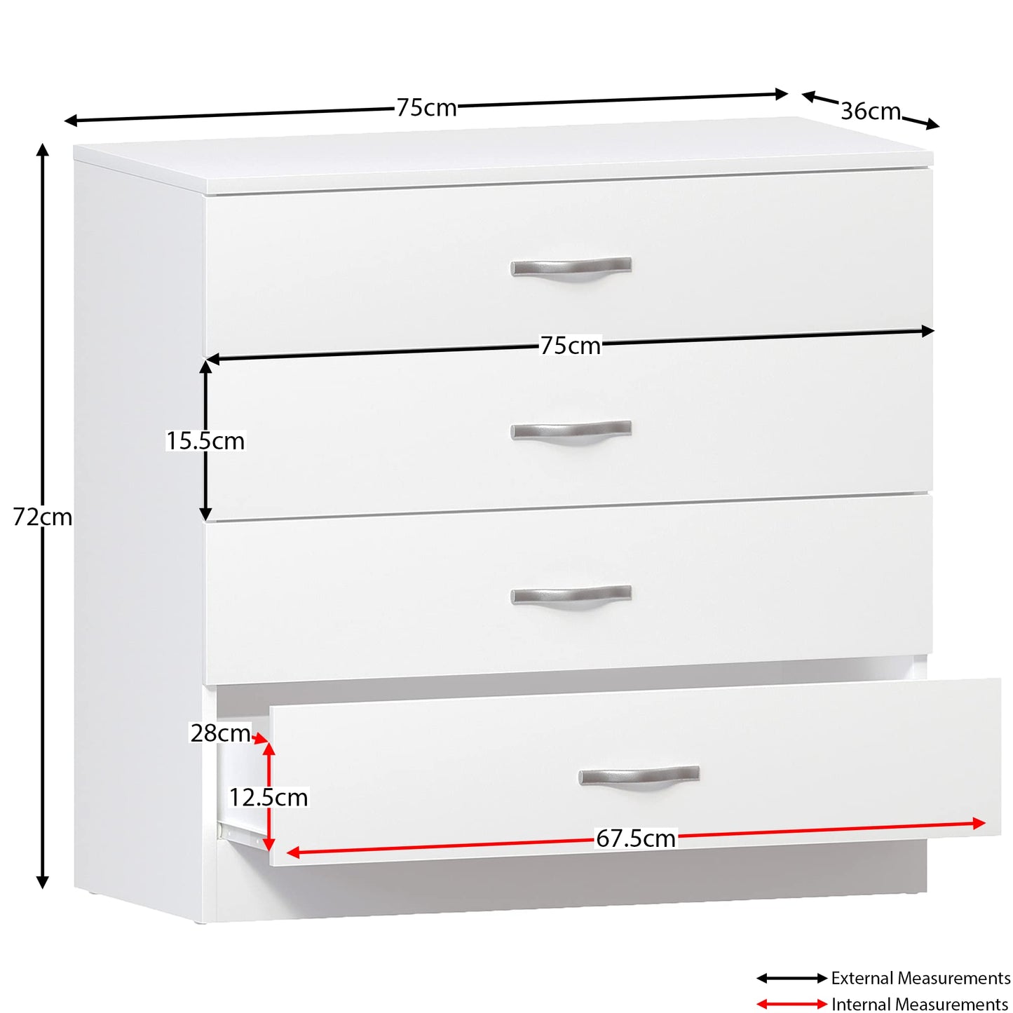 Vida Designs White Chest of Drawers, 4 Drawer Metal Handles Runners Anti-Bowing Support Furniture