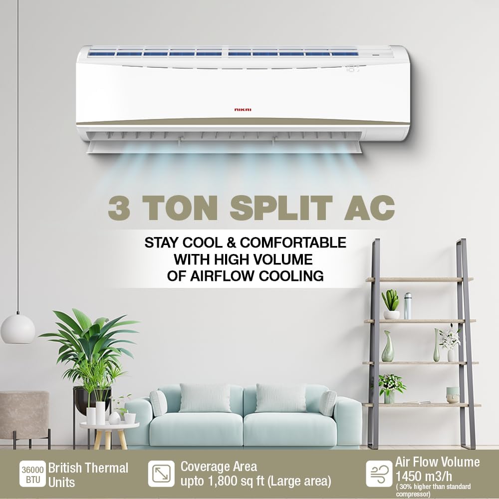 Nikai Split Air Conditioner 2 Ton, Energy Efficient Cooling with T3 Tropical Rotary Compressor, Turbo Mode with 4 Way Swing, 24000 BTU AC, Gold Fin, Auto Restart, Ideal for Home & Office NSAC24131N23