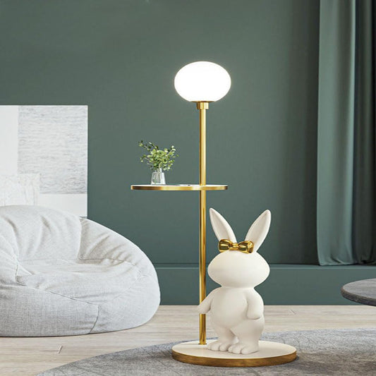 Kutis Modern Design Rabbit Shape Statue Sculpture Ornament Tall Pole Floor Lamp Standing Lamp Decorative Tray Table with Tricolor Globe Lamp for Living Room 30x113 cm.