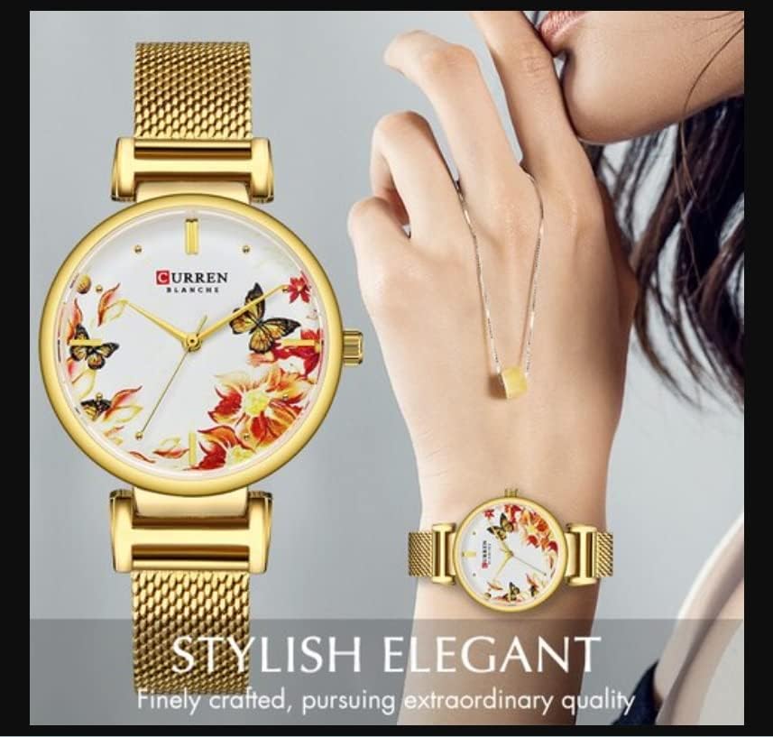 Ladies Analog Watch Gold Stainless Steel Case Floral Design Dial Gold Stainless Steel Bracelet, Gold, bracelet