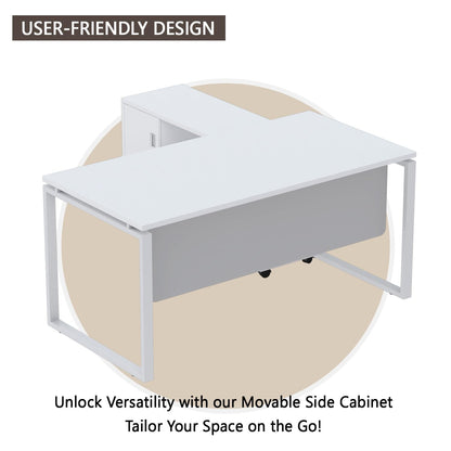 Mahmayi Carre Modern Workstation- Office Furniture with Steel Square Metal Legs, Silver Modesty Panel, Wood 3 Drawer Mobile Storage Unit, Tempered Glass Top for Office Executives, Home (140CM, White)