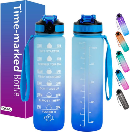 Illys Plastic Water Bottle, 1L / 32oz with Motivational Time Marker (Multi colour)