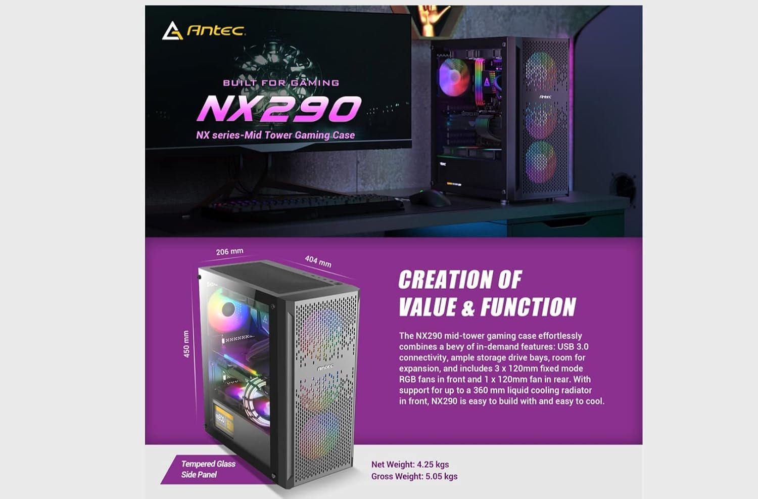 Antec NX Series NX290 Mid-Tower E-ATX Gaming Case, 3 x 120mm RGB fans & 1 x 120mm Fan Included, Tempered Glass Side Panel, 360mm Radiator Support, RGB Gaming Cabinet - Black - CaveHubs