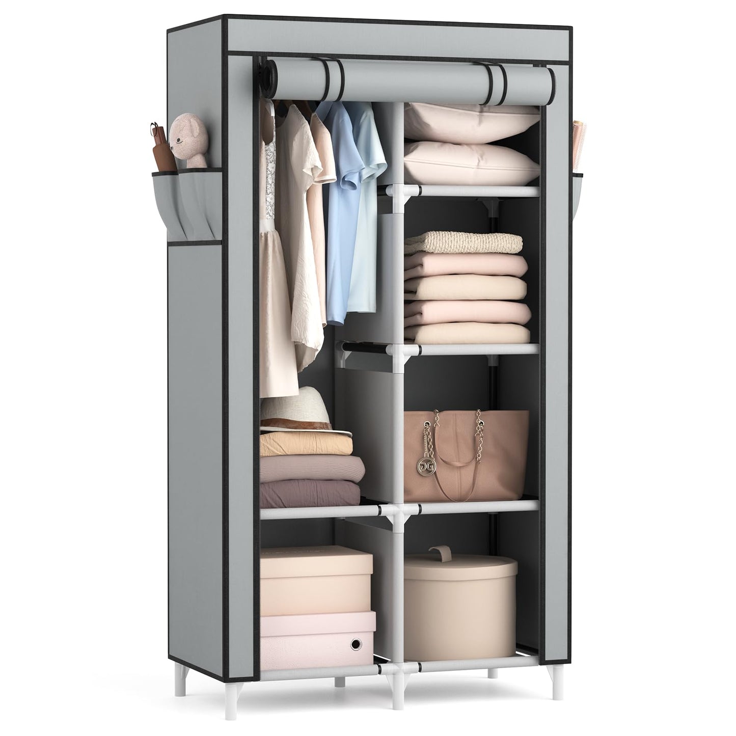 ROJASOP Portable Closet Wardrobe Closet for Hanging Clothes with 6 Storage Shelves, 1 Hanging Rod and 4 Pockets, Free Standing Closet Clothes Organizer for Bedroom, Sturdy and Easy Assemble