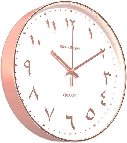 R&M ORIENT 30cm Arabic Wall Clock Round with creeping hands without ticking noise, silent quartz movement, easy to read, large wall clock for living room, office, kitchen, restaurant (Silver/Black)