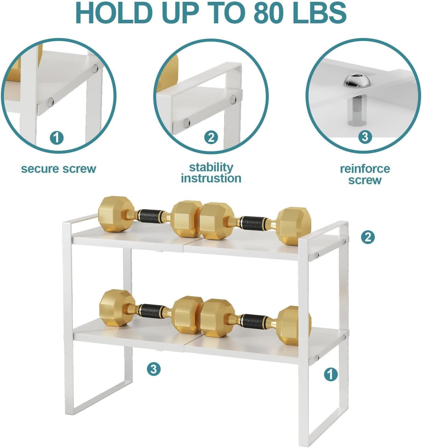 U-HOOME Expandable Cabinet Shelf Organiser Storage Rack 2 Tier, Kitchen Cabinet Organizer Shelf, Cupboard Stand Spice Rack, Stackable Heavy Duty Plate Pantry Shelves Space Riser for Kitchen (White)