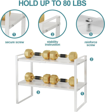 U-HOOME Expandable Cabinet Shelf Organiser Storage Rack 2 Tier, Kitchen Cabinet Organizer Shelf, Cupboard Stand Spice Rack, Stackable Heavy Duty Plate Pantry Shelves Space Riser for Kitchen (White)