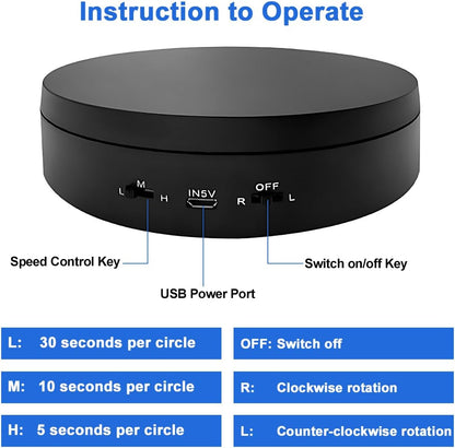 Gluckluz 360° Electric Rotating Turntable USB Charging Motorized Display Stand Platform with 3 Speed Adjustable & 3KG Load for Jewelry Photography Products Live Show Video shoot (Also Battery Operate)