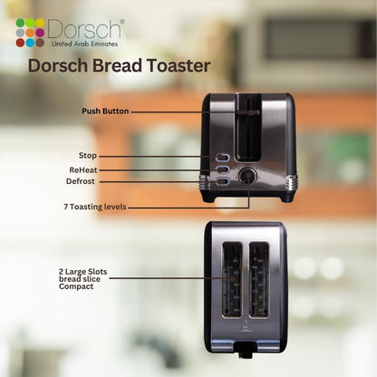 Dorsch TS-90 Bread Toaster - Defrost Function, 2-Slice Capacity, Crumb Collector Tray - Dual Slots, Controlled Toasting, 780-930W Power - Black & Silver, 2-Year Guarantee